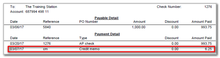 Predefined Layout. The 2nd row of Payment Detail has a row entered for a Credit memo. It shows the Date, Reference, Type, Discount, and Amount Paid.