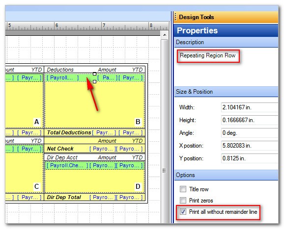 Layout Designer. Shows Deductions in a grid, with a Payroll row in green.  The Design Tools Properties pane shows the Options section, including Print all without remainder line checkbox.