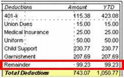 A table with 3 columns: Deductions, Amount, and YTD.  The 7th row is for Remainder.