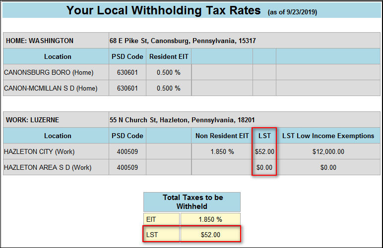 Extract from Pennsylvania website after you've pressed View Information. There are 2 grids: Home and Work. The Work grid has 6 columns. The LST column is highlighted and shows an amount of $52.00 for the Hazelton City (Work) row and $0.00 for the Hazelton Area S D (Work) row. After the two grids is a Total Taxes to be Withheld section, which shows the total LST as $52.00.