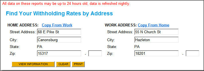 Extract from Pennysylvania website. Shows 2 groups of fields under the heading 'Find your Withholding Rates by Address'. The 2 groups of fields are for Home address and Work address. Each group contains fields for Street Address, City, State and Zip. The View Information button appears after the address fields. 