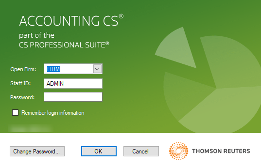 Accounting CS sign in screen showing 3 fields: Open Firm, Staff ID, and Password. Followed by a Change Password button