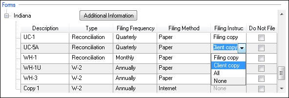 Forms Section showing detail for Indiana. Detail in a grid with 6 columns. The fifth column is Filing Instructions and shows the selection of Client copy in a dropdown list for the second row.