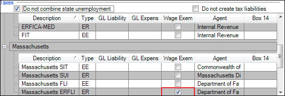  The Payroll Taxes grid, with Massachusettes section expanded. The columns of this grid section are: Description, Type, GL Liability, GL Expens, Wage Exem, Agent, and Box 14. In the Massachusetts ERFLI row, the checkbox in the Wage Exem column is marked.