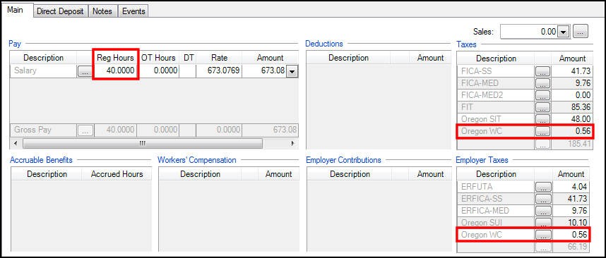  A screen from Accounting CS. Four tabs: Main, Direct Deposit, Notes, and Events. The Main tab is active. In the Pay grid, the hours are shown in the Reg Hours column. Employee contribution and Employer contribution are shownh in the Taxes and Employer Taxes grids.