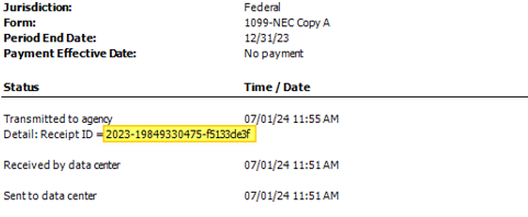 Electronic File Status report with receipt ID highlighted