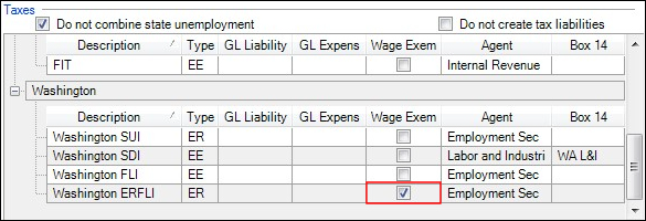 The Payroll Taxes grid, with Washington section expanded. The columns of this grid section are: Description, Type, GL Liability, GL Expens, Wage Exem, Agent, and Box 14. In the Washington ERFLI row, the checkbox in the Wage Exem column is marked. 