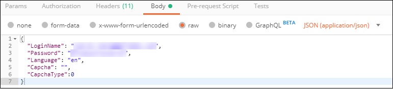 Example of JSON information entered in the text field in the Body tab.