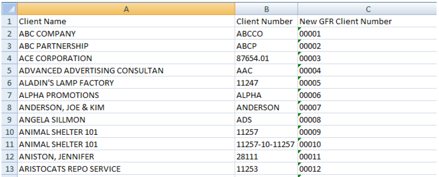 Excel document showing three columns containing client name, client number, and the new client number. The rows contain sample data.