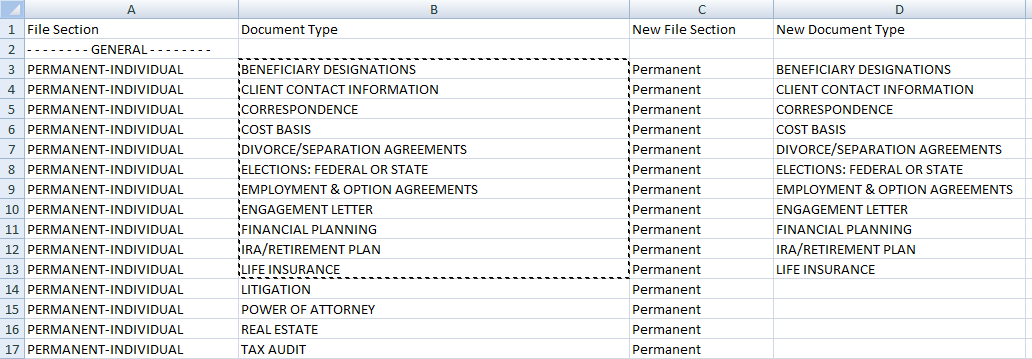 Excel document with four columns labeled file section, document type, new file section, and new document type. The rows contain sample data.