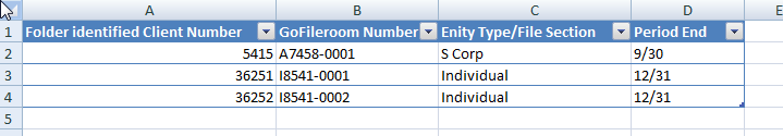 Excel document showing an example of client information cross referenced.