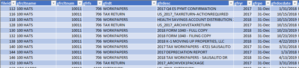 Excel document with 9 columns and 11 rows. Column headings are fileid, gfrcltname, gfrcltnum, gfrfs, gfrdt, gfrdesc, gfryr, gfrpe and gfrdocdate. The rows contain sample data.