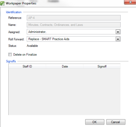 Workpaper properties dialog