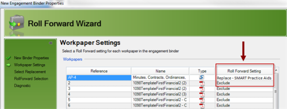 Roll forward setting in the Roll forward wizard dialog