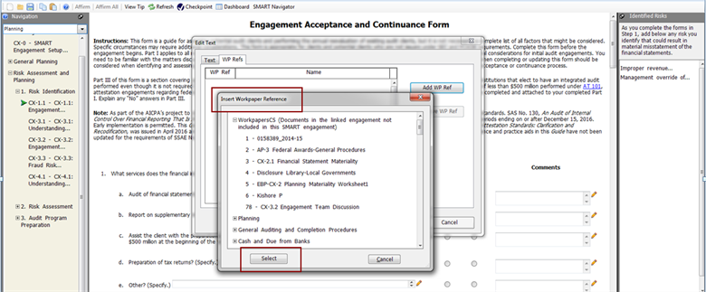 Select highlighted in the Insert Workpaper Reference dialog