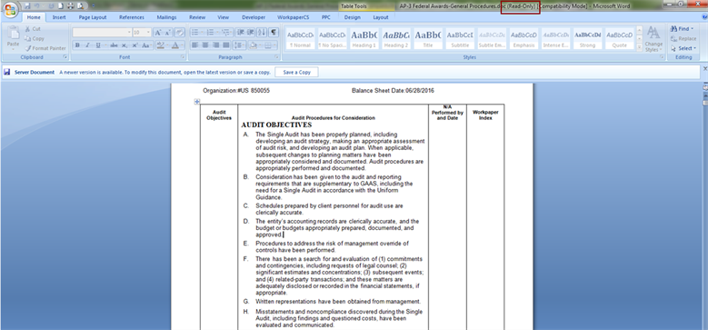 Read only highlighted in the workpaper window