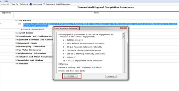 select button highlighted in the insert workpaper reference window