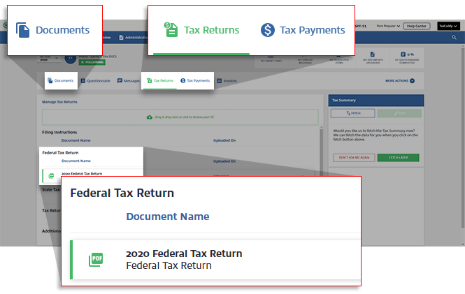 Deliverables appearing in the Tax Returns section of the client profile.