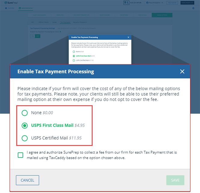 Enable Tax Payment Processing window