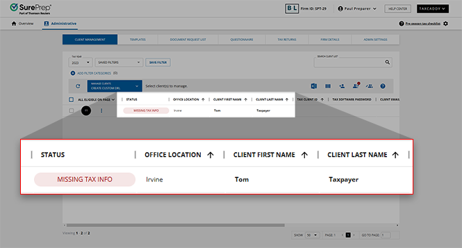 New client with the MISSING TAX INFO status in CLIENT MANAGEMENT.