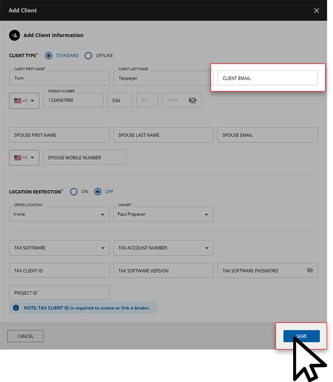 Leave the CLIENT EMAIL field empty, then select SAVE.