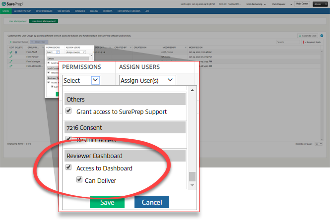 Select the Reviewer Dashboard access and deliver permissions in FileRoom.