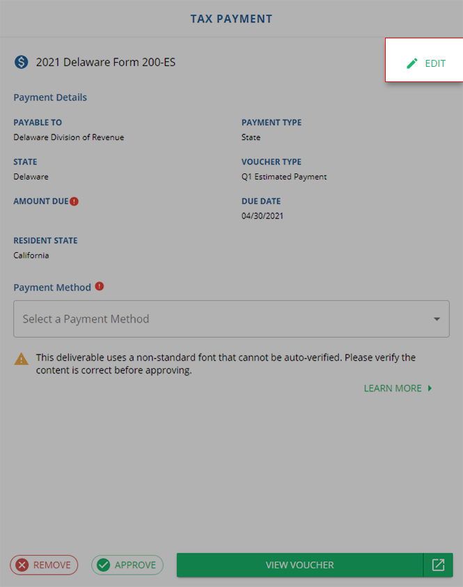 Select the EDIT icon on a tax payment.