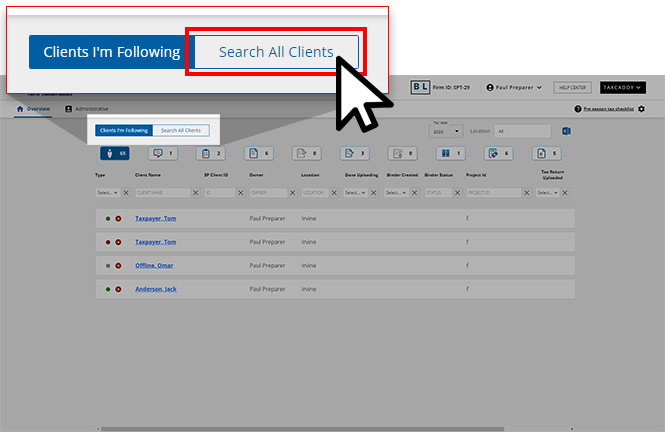 Select Search All Clients from the Overview screen.