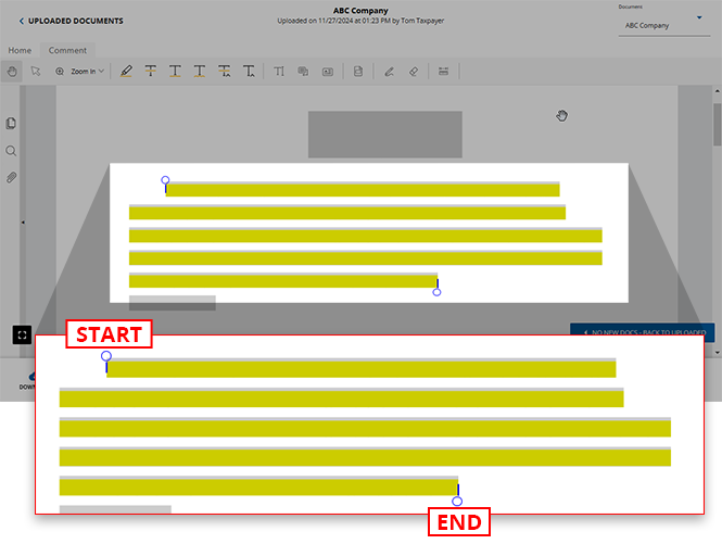Start and end of a highlight in a document.