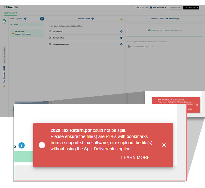 Notification that the PDF cannot be split.