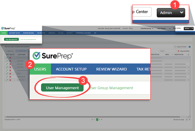Select Admin, USERS, then User Management.