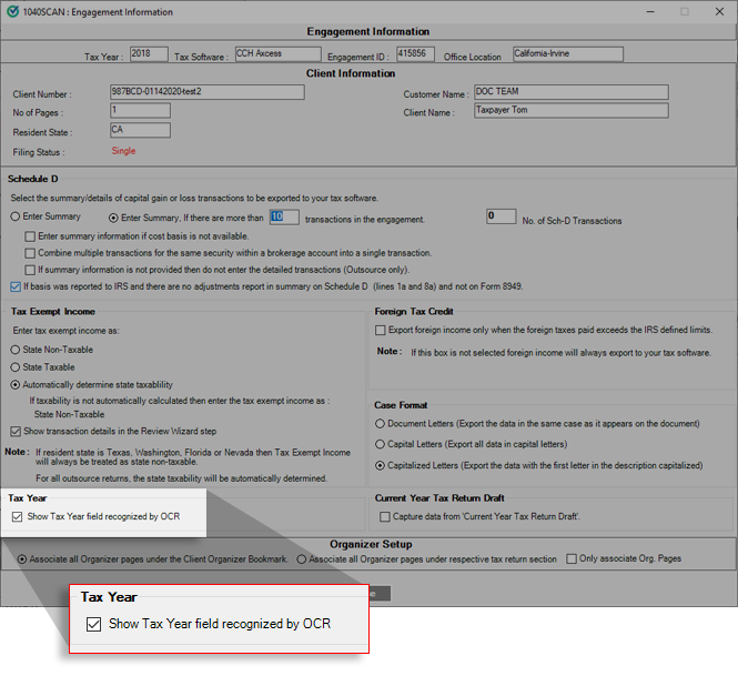 Show Tax Year field in Engagement Information window.