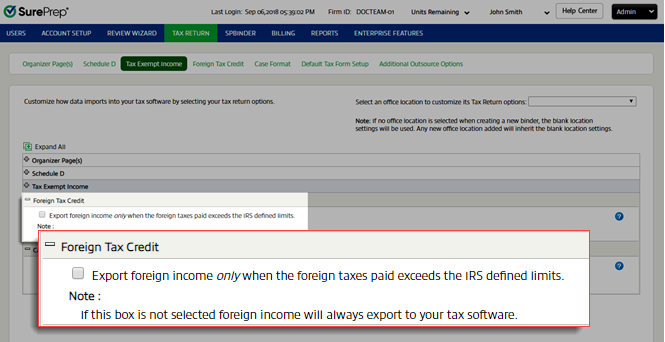 "Export foreign income only when the foreign taxes paid exceeds the IRS defined limits" checkbox