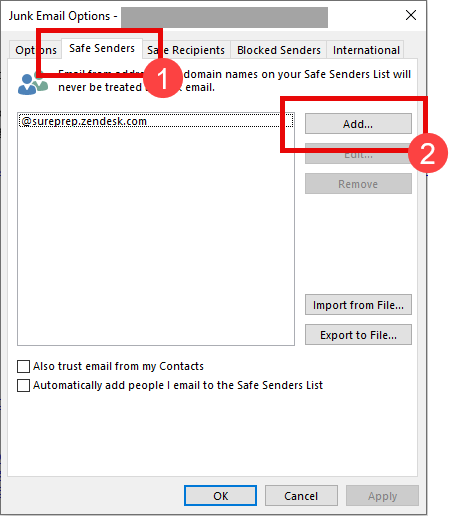 Select OK to close the Junk Email Options window