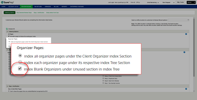Select the Index Blank Organizers under Unused section in Index Tree checkbox.