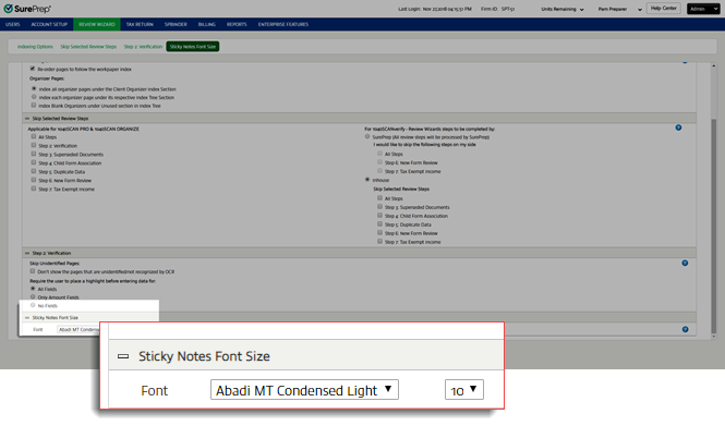 Sticky Notes Font Size section.