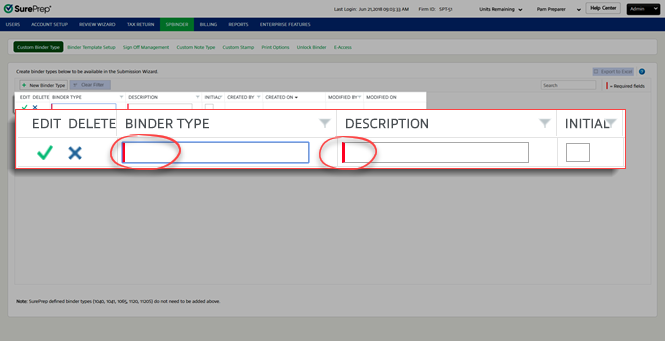 Enter BINDER TYPE and DESCRIPTION