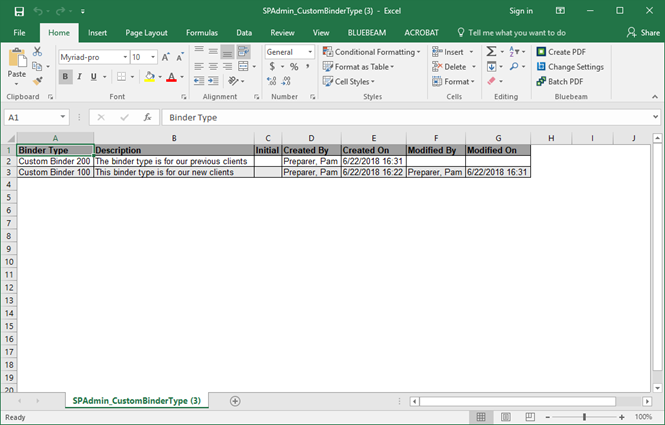 Exported Excel file