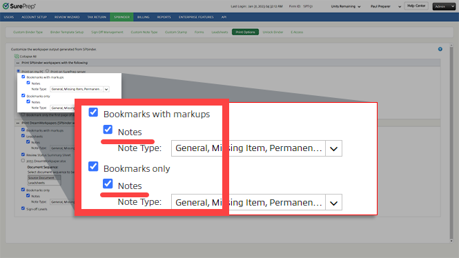 Notes checkbox selected for both