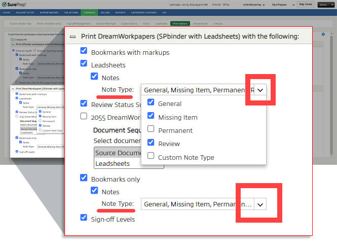 Select from the Note Type menu