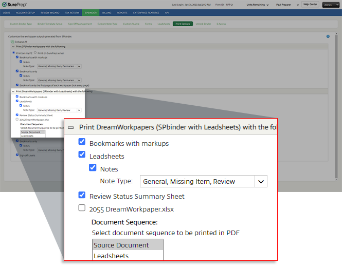 Leadsheets, Notes, Review Status Summary Sheet, 2055 DreamWorkpaper.xlsx checkboxes