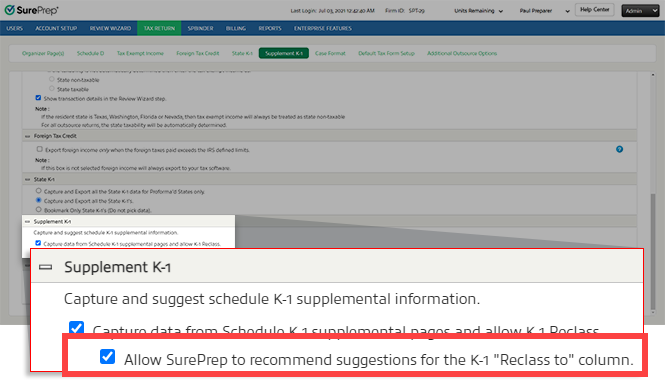 Select the "Allow SurePrep to recommend suggestions from the K-1 "Reclass to" column" checkbox.