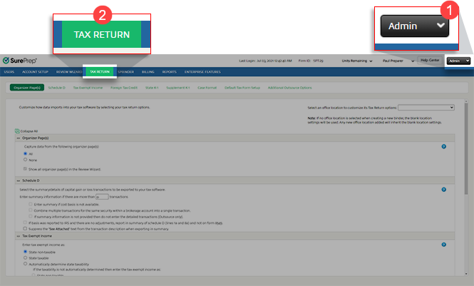 Select Admin then TAX RETURN.