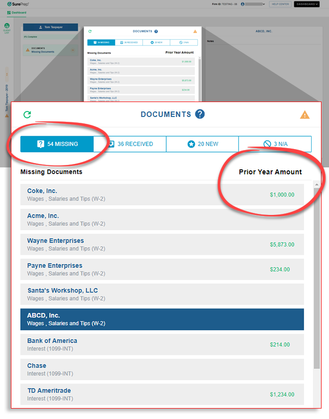 Count of missing documents and prior year amounts