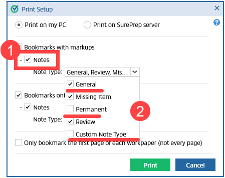 Select the Notes checkbox and select a Note Type