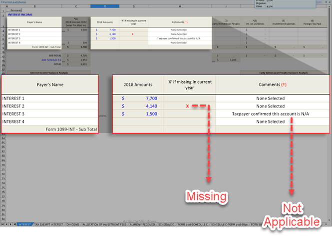 Missing and Not Applicable values in the two year comparison