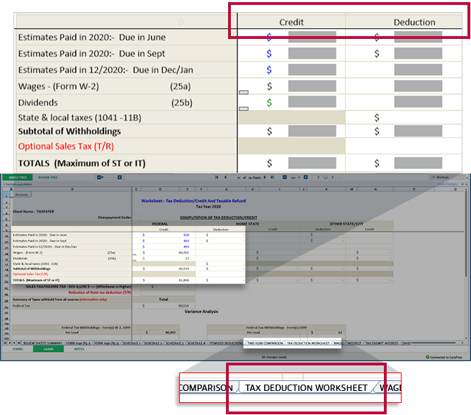 Credit and Deduction in the TAX DEDUCTION WORKSHEET