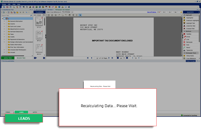 Recalculating Data screen
