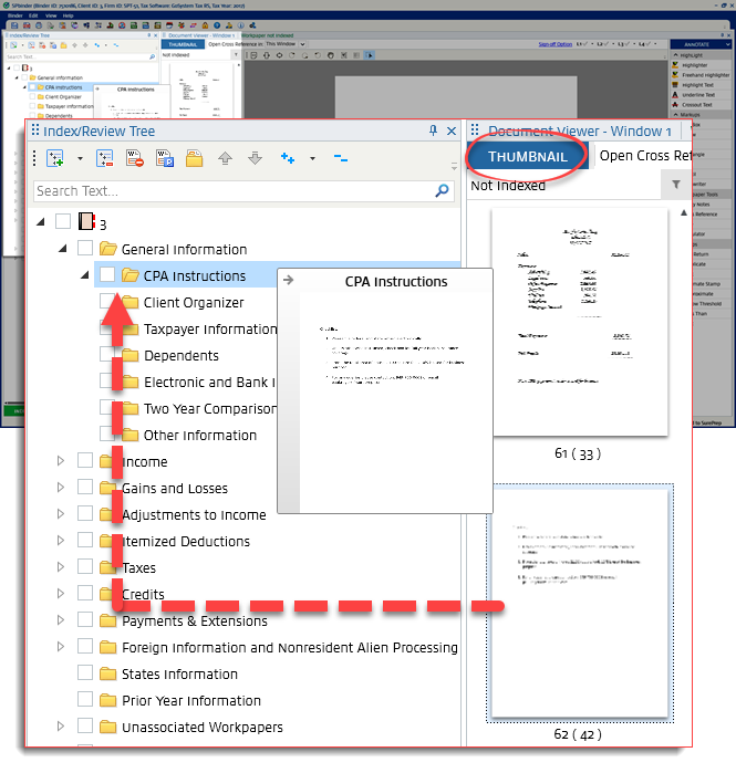 Dragging a document from the THUMBNAIL panel