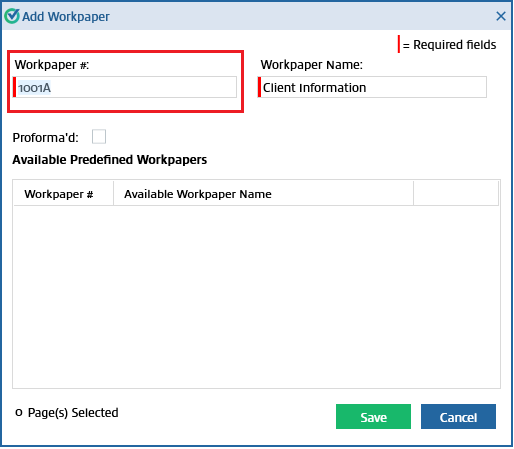 Workpaper # field the in Add Workpaper window
